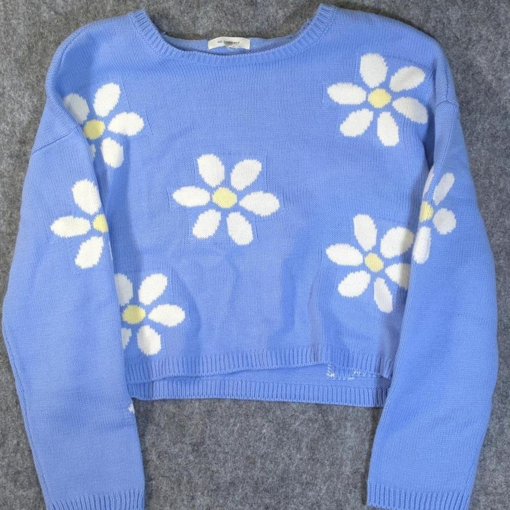 No Comment Daisy Floral Cropped Sweater Blue White Knit Soft Girl Aesthetic M